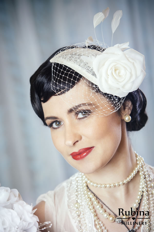 Wedding Fascinators With Veil
 ELENA – Bridal Fascinator with Silk Rose and Birdcage veil