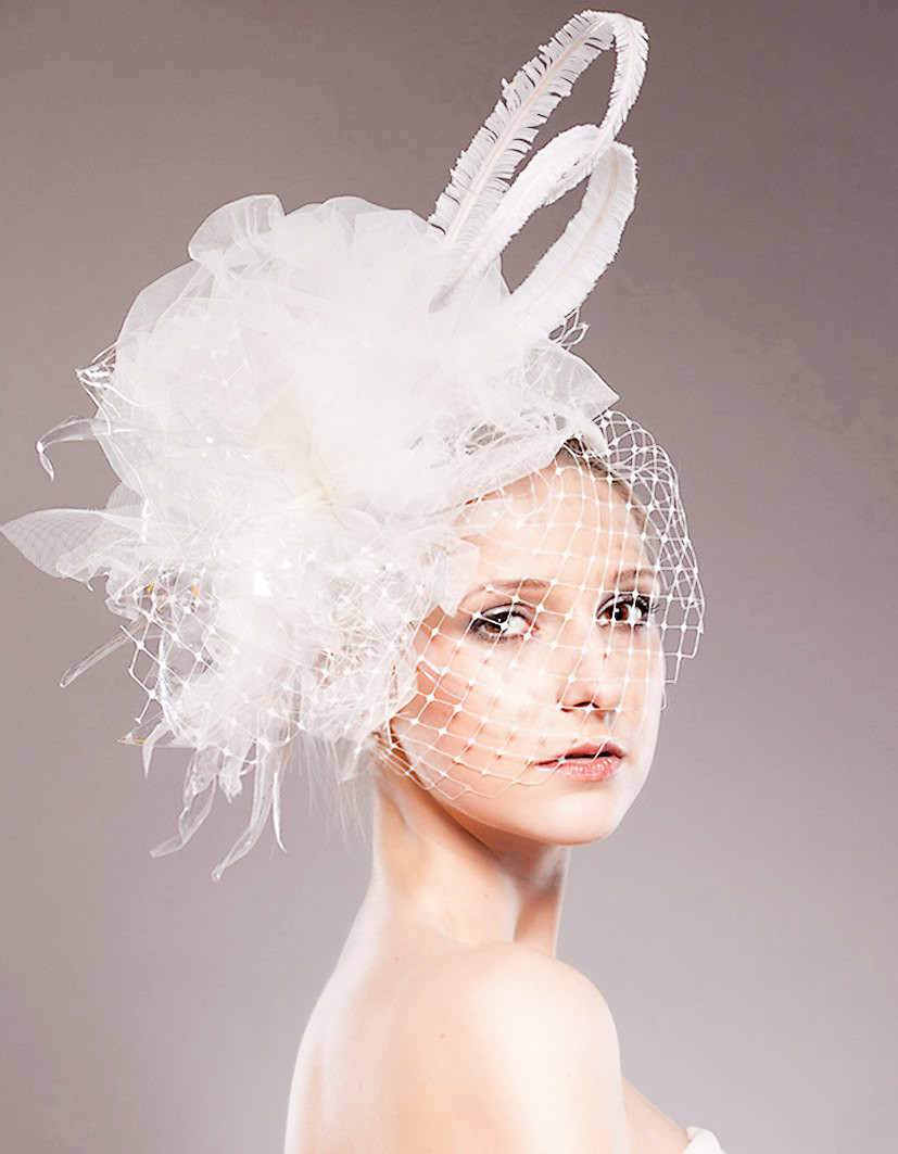 Wedding Fascinators With Veil
 Haute couture white wedding fascinator with French net