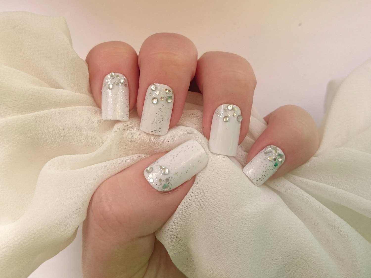 Wedding Finger Nails
 Rhinestone Wedding Nails White False Nails by