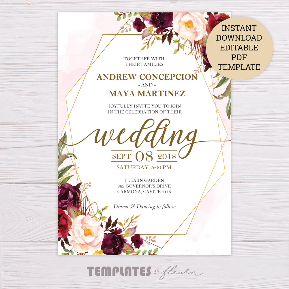 Wedding Invitation Templates Free
 Marsala Flowers with Gold Frame Wedding Invitation