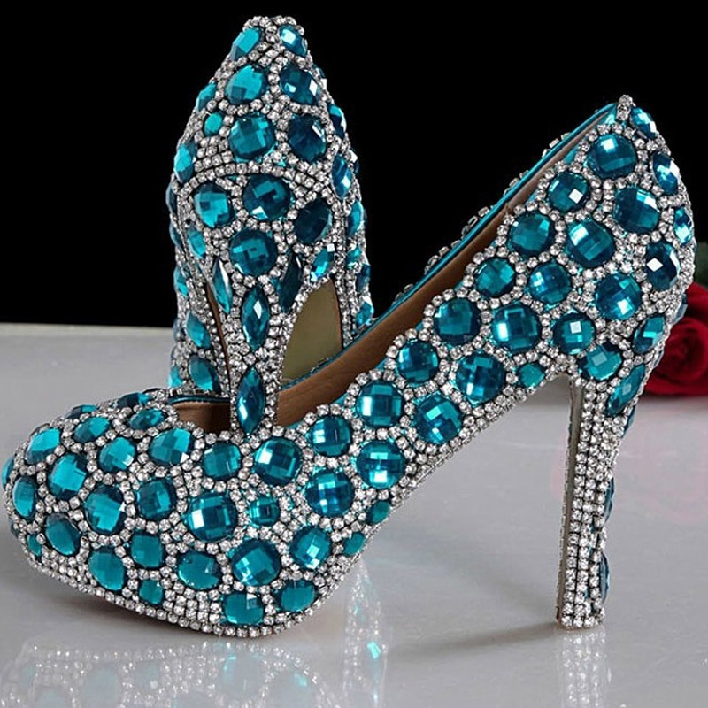 Wedding Rhinestone Shoes
 2018 Sparkling Luxurious Blue Wedding Shoes for woman