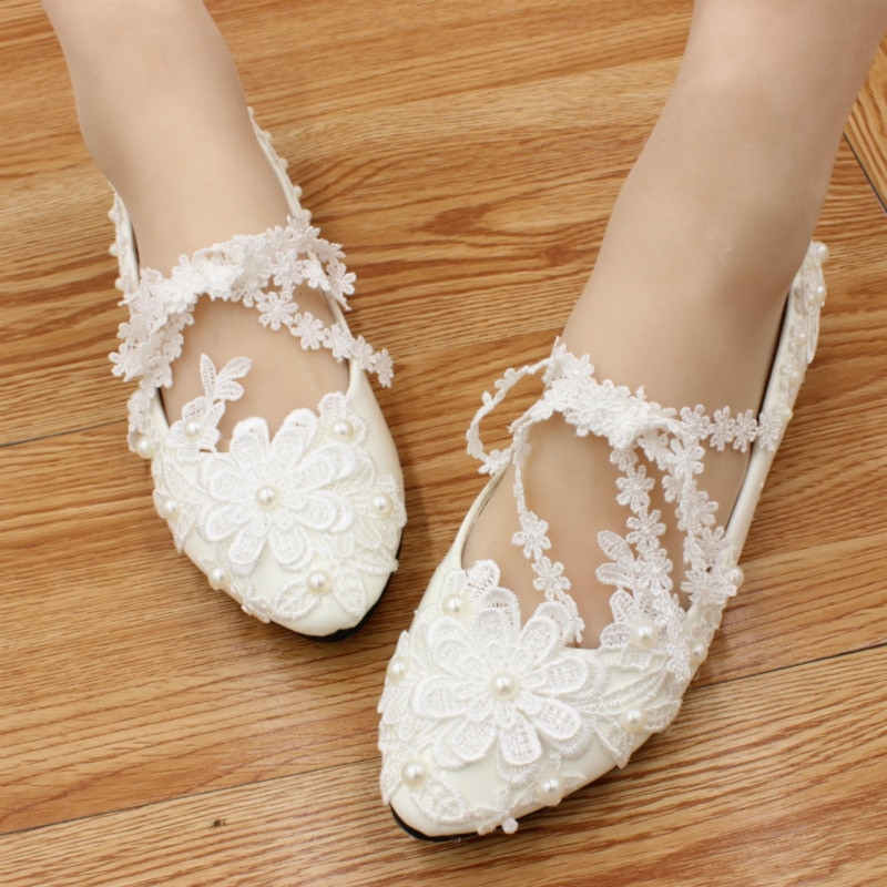 Wedding Shoes Bride
 Pretty White Lacing Bridesmaid Flat fortable Handmade