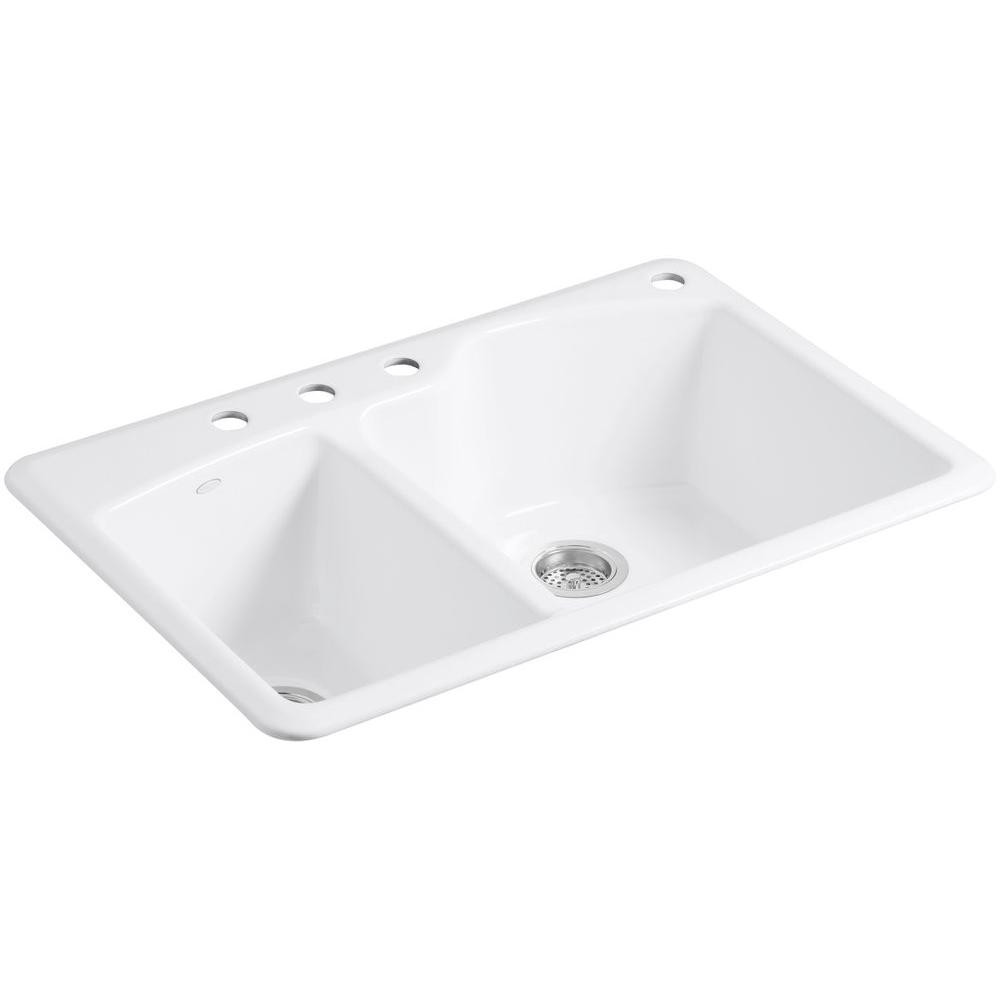 White Drop In Kitchen Sinks
 KOHLER Wheatland Drop In Cast Iron 33 in 4 Hole Double