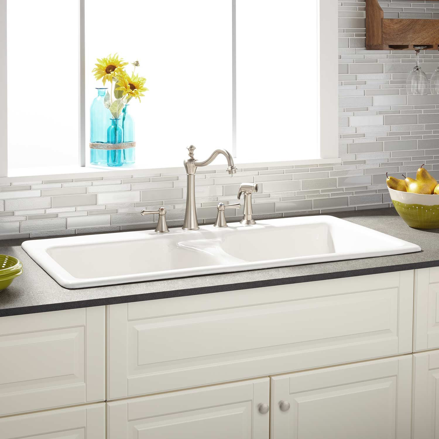 White Drop In Kitchen Sinks
 43" Selkirk White Double Bowl Cast Iron Drop in Kitchen