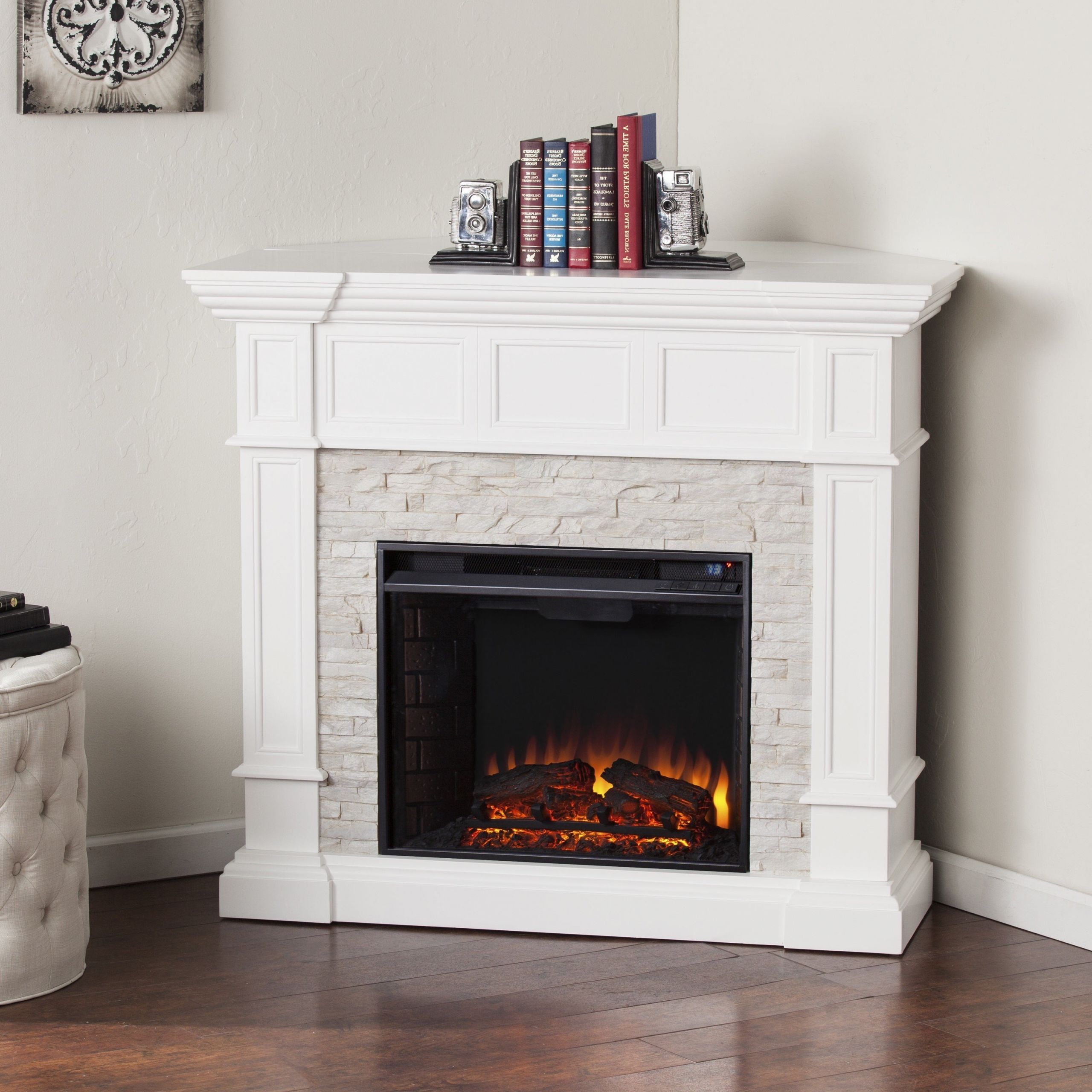 White Electric Fireplace
 Shop Harper Blvd Reese White Faux Stone Corner Convertible