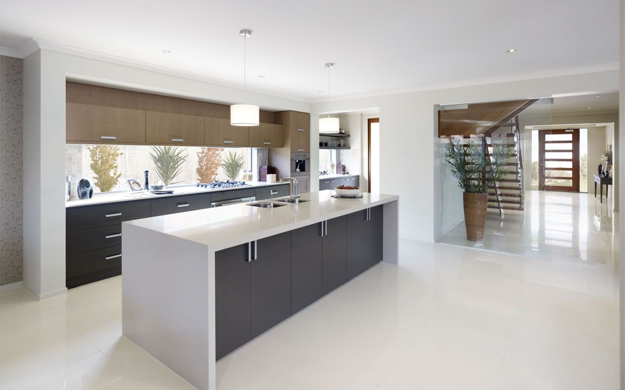 White Kitchen Bench
 White waterfall bench top with grey cupboards