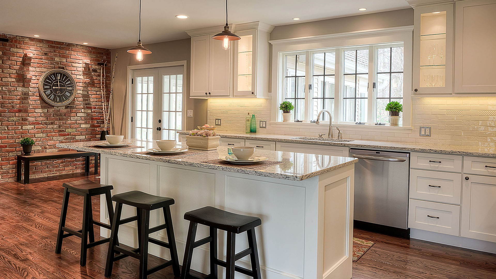 White Kitchen Wall Cabinet
 Kitchen With Counter Depth Wide Windows & Brick Wall