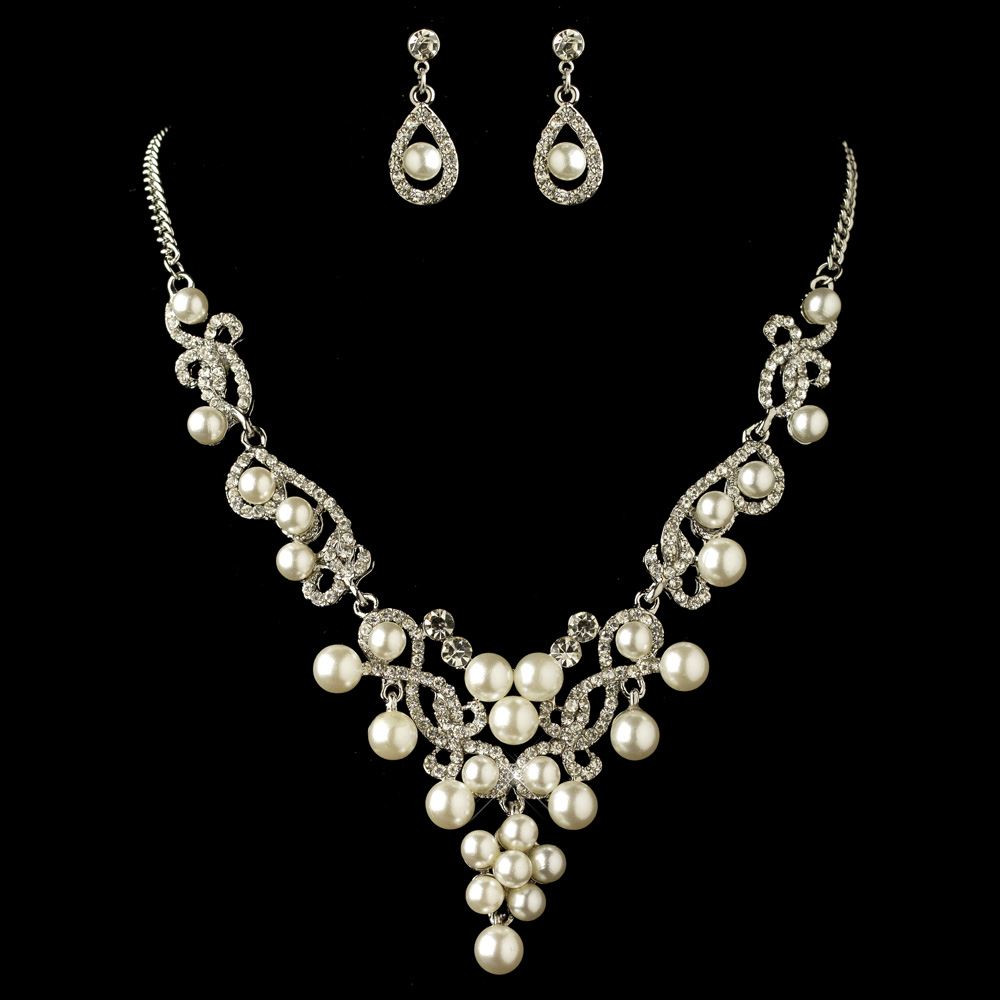 White Pearl Necklace
 Rhodium White Pearl & Rhinestone Swirl Jewelry Set 4213