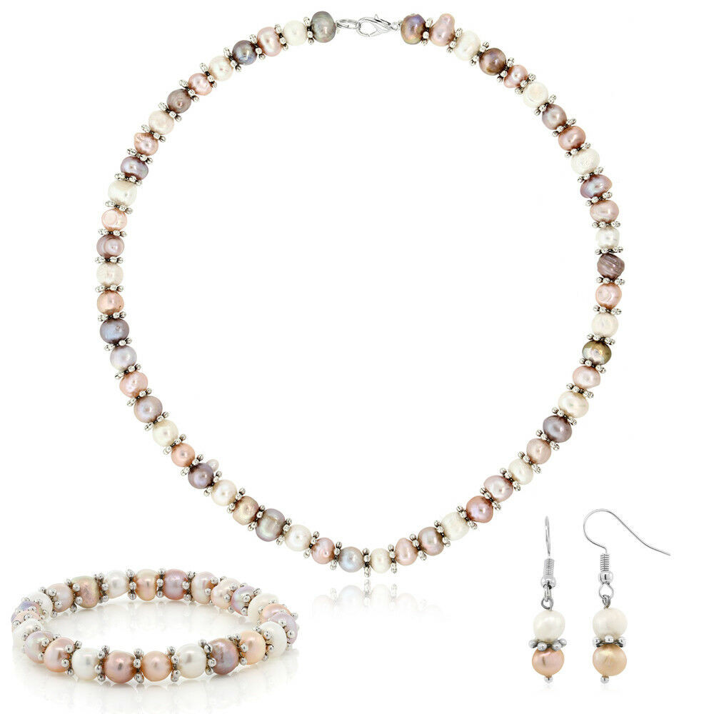 White Pearl Necklace
 Pink & White Cultured Freshwater Pearl Necklace Earrings