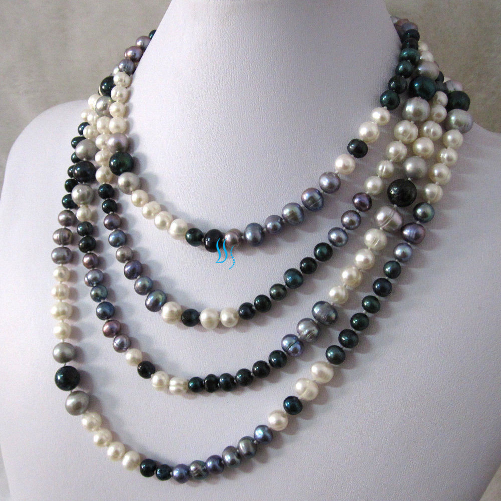 White Pearl Necklace
 76" 5 11mm Multi Color Freshwater Pearl Necklace White