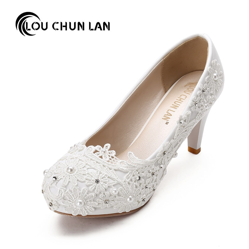 White Wedding Shoes With Rhinestones
 LOUCHUNLAN Size 41 48 White Wedding Shoes lace