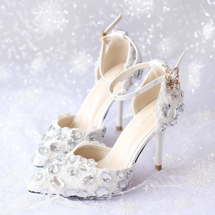 White Wedding Shoes With Rhinestones
 women pumps white Lace rhinestone wedding bridal shoes