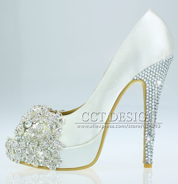 White Wedding Shoes With Rhinestones
 free shipping brand peep toe lace satin white rhinestone