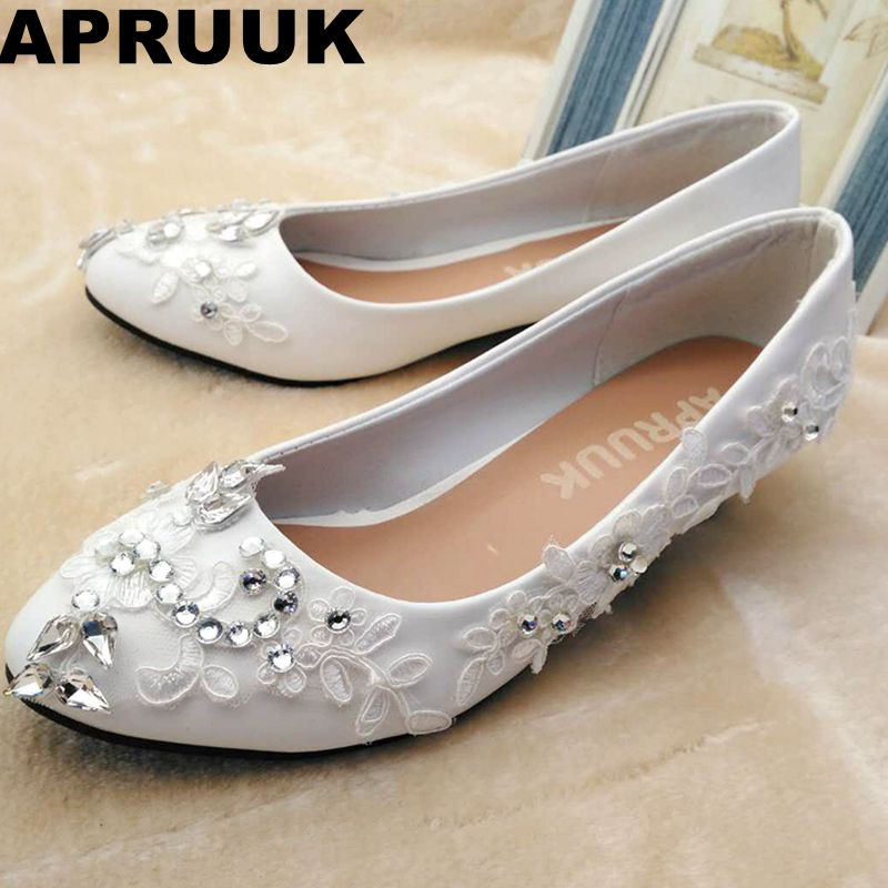 White Wedding Shoes With Rhinestones
 Silver crystal rhinestones wedding shoes bride white lace