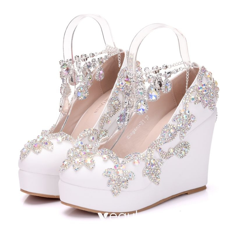 White Wedding Shoes With Rhinestones
 Sparkly White Wedding Shoes 2018 Rhinestone Crystal Round