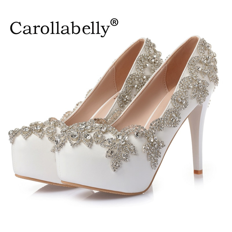 White Wedding Shoes With Rhinestones
 Luxry rhinestone Bridal shoes White Platform High Heels