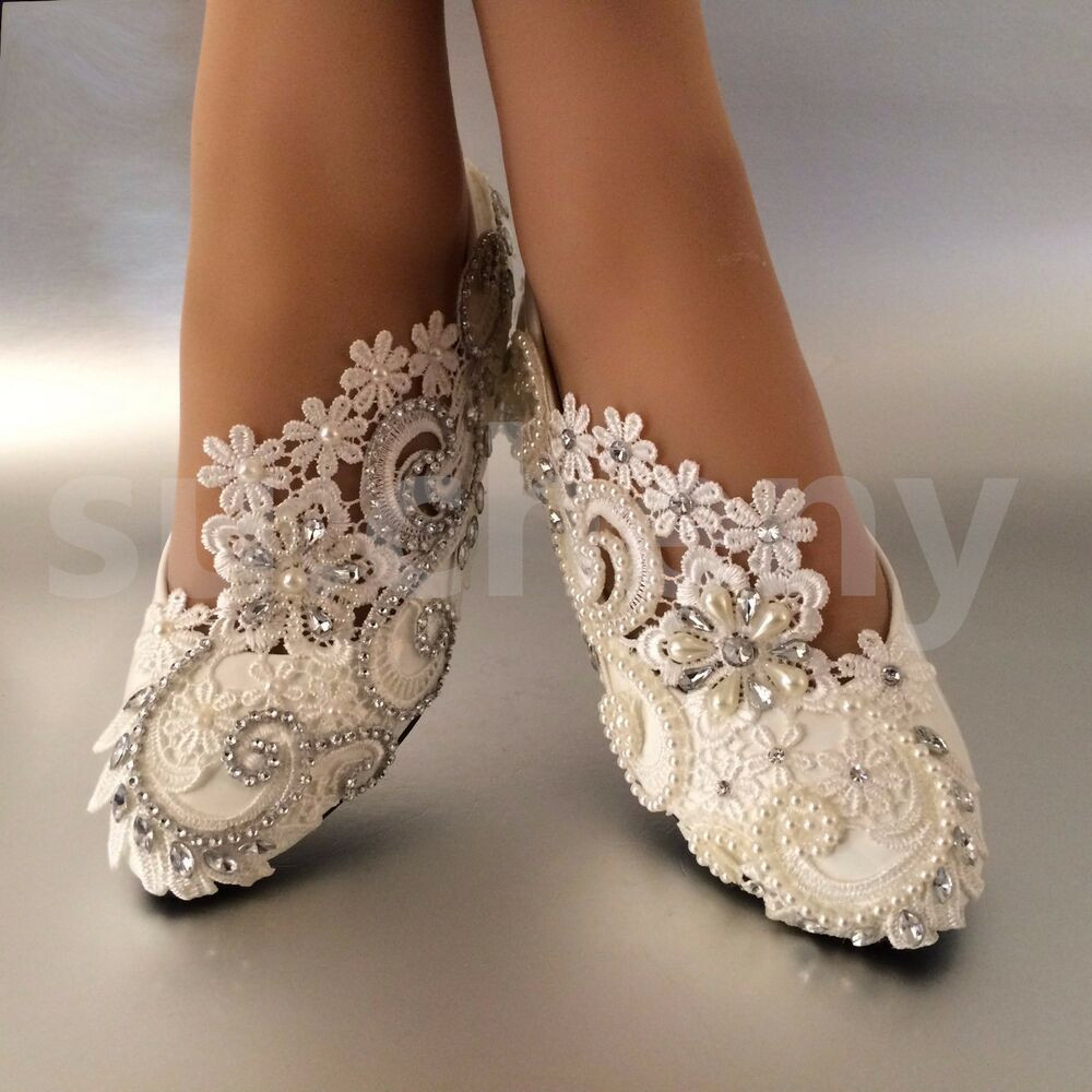 White Wedding Shoes With Rhinestones
 sueny White ivory pearls rhinestones lace flat Wedding