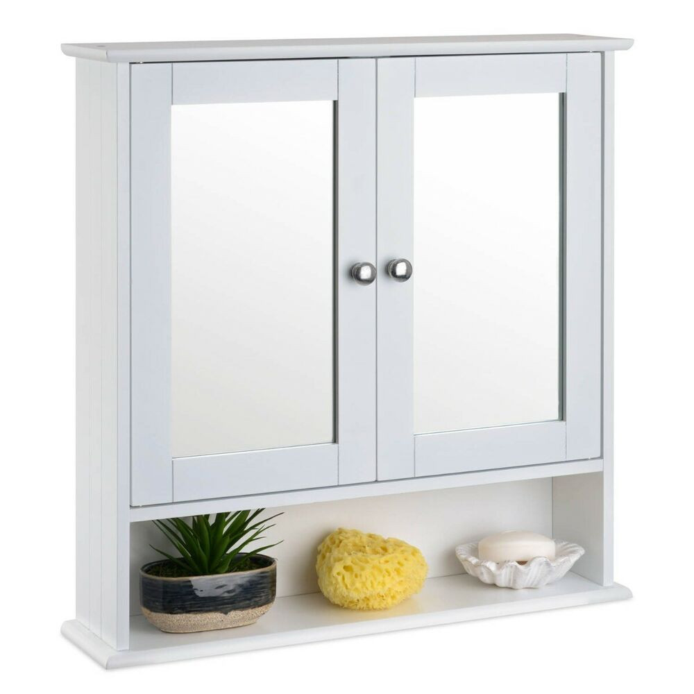 White Wood Bathroom Wall Cabinet
 Bathroom Mirrored Cabinet White Wooden Storage Shelf Unit