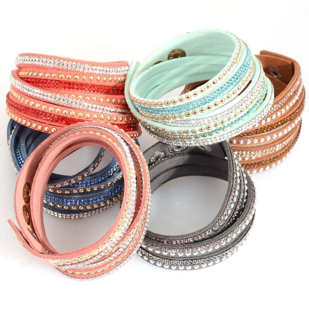 Wholesale Leather Bracelets
 Wholesale Random Mixed Color Double Wrap Crystal Bling