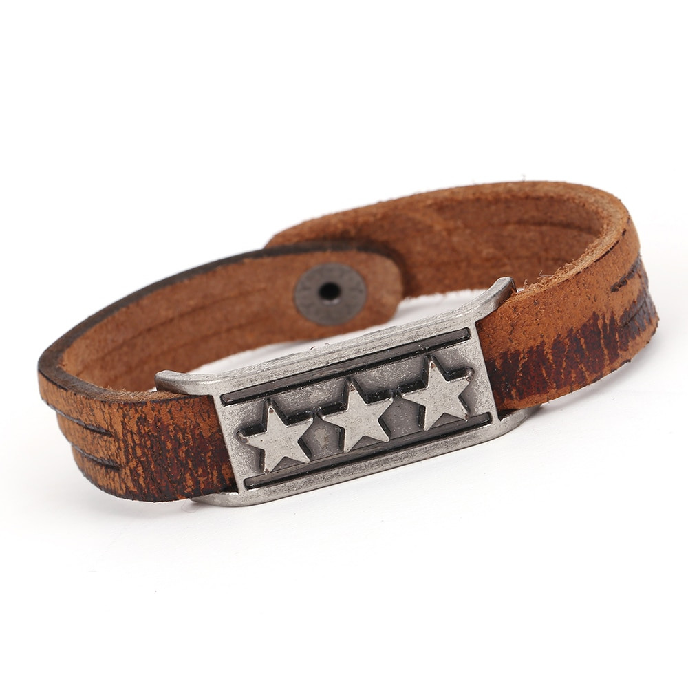 Wholesale Leather Bracelets
 Wholesale Star Engraved Metal Bracelet Vintage Leather