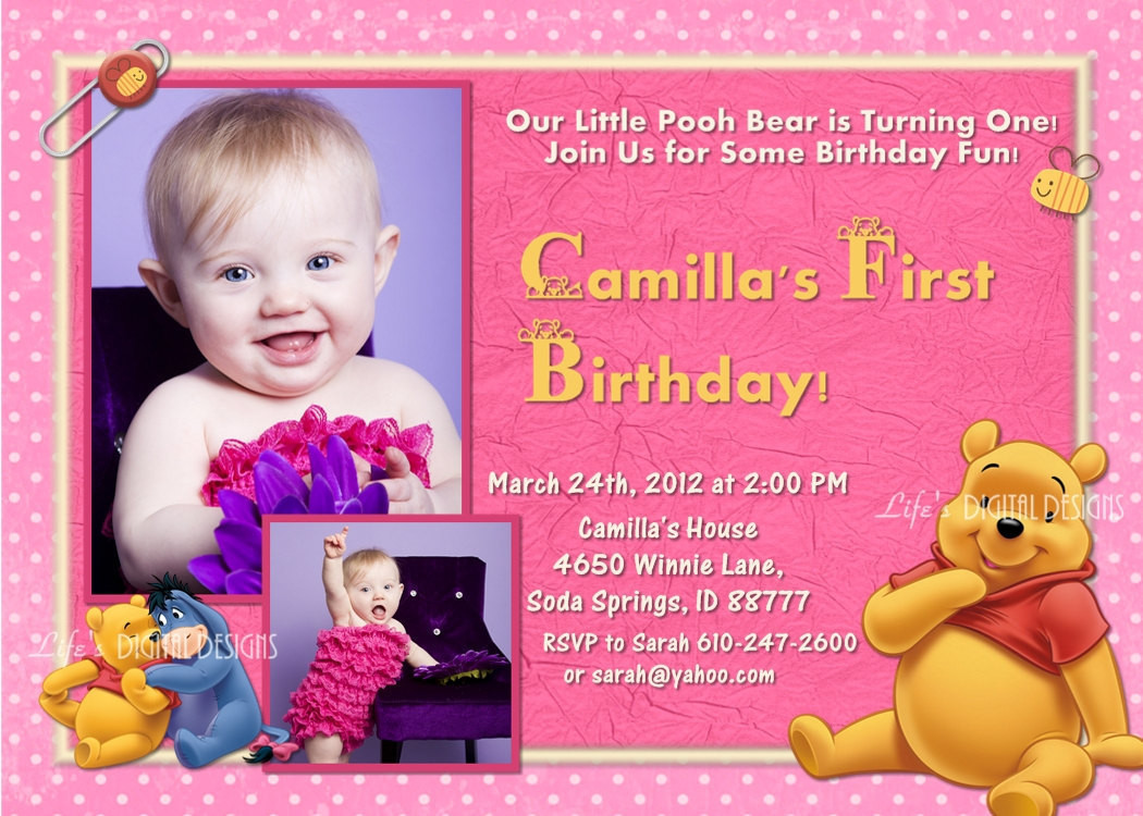 Winnie The Pooh 1st Birthday Invitations
 Winnie the Pooh First Birthday Invitation Pink 1 or 2