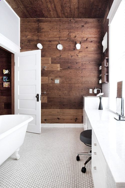 Wood Accent Wall Bathroom
 White bathroom with wood accent wall