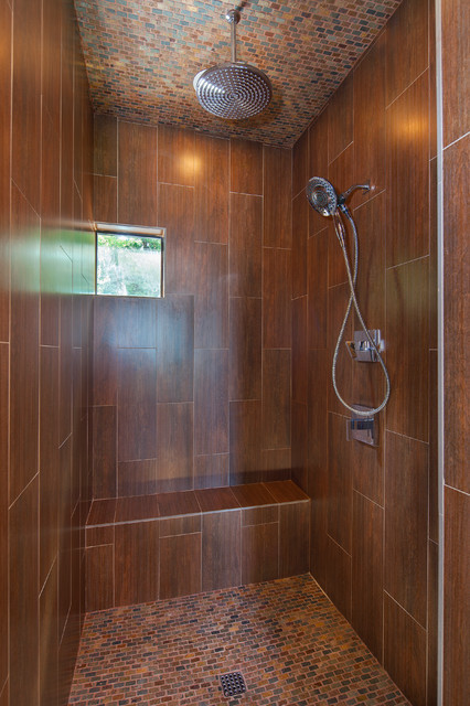 Wood Look Bathroom Tile
 Master shower wood look ceramic tile Lake Travis