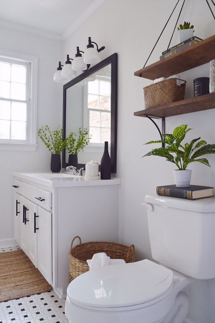 Woodsy Bathroom Decor
 Black and White Bathroom with Wood Accent DIY Modern