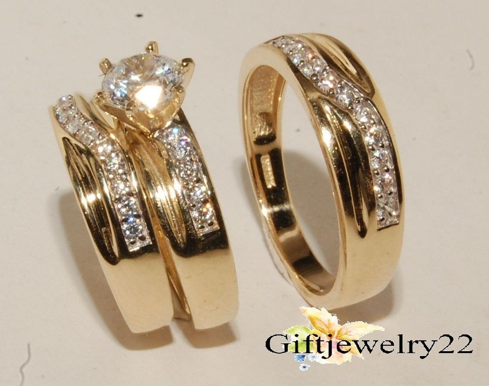 Yellow Gold Wedding Rings Sets For His And Her
 Diamond Wedding Trio Set 14K Yellow Gold Matching His Her